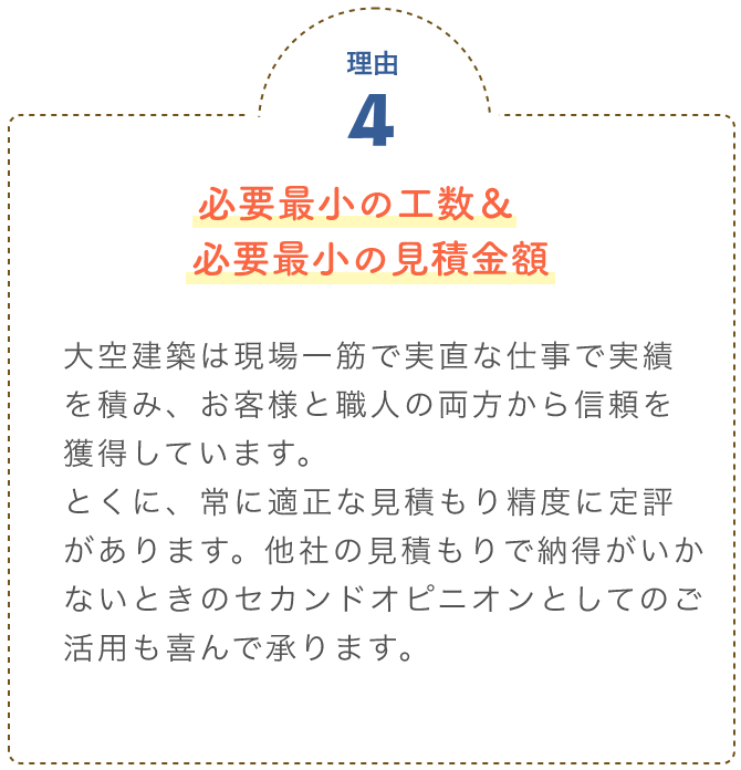 必要最小の工数 ＆ 必要最小の見積金額 大空建築は現場一筋で実直な仕事で実績を積み、お客様と職人の両方から信頼を獲得しています。							とくに、常に適正な見積もり精度に定評があります。他社の見積もりで納得がいかないときの							セカンドオピニオンとしてのご活用も喜んで承ります。